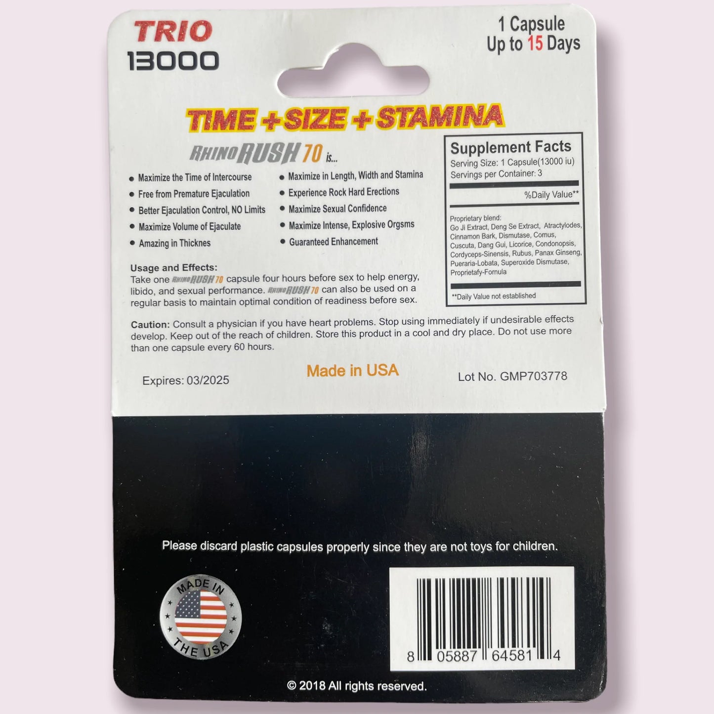 70 Rhino Rush Trio 13000 Pill - (1 ct. of 3 Capsules Each)